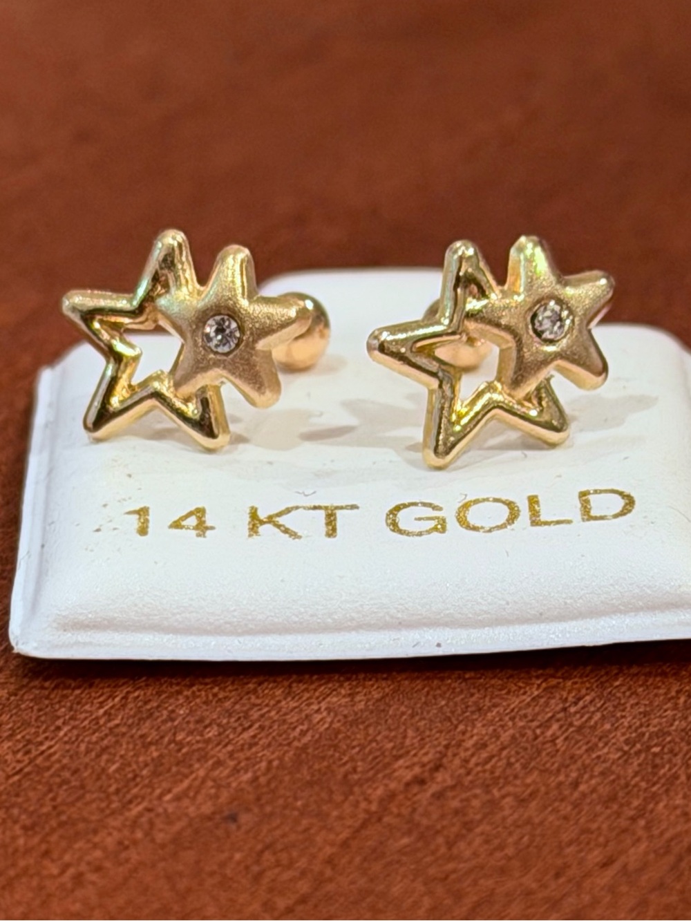 Solid Gold 14 Karat Yellow Double Star Cz Earring